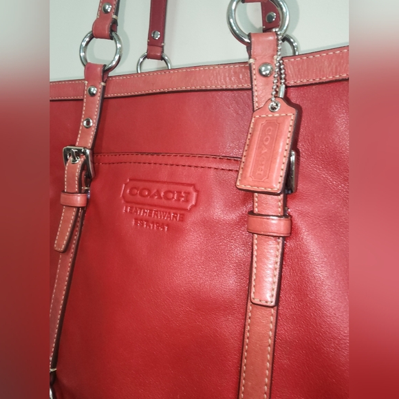 Coach RED Leather Gallery East West Tote Purse Turnlock Bag Vintage f0820-f11525 - Picture 2 of 13